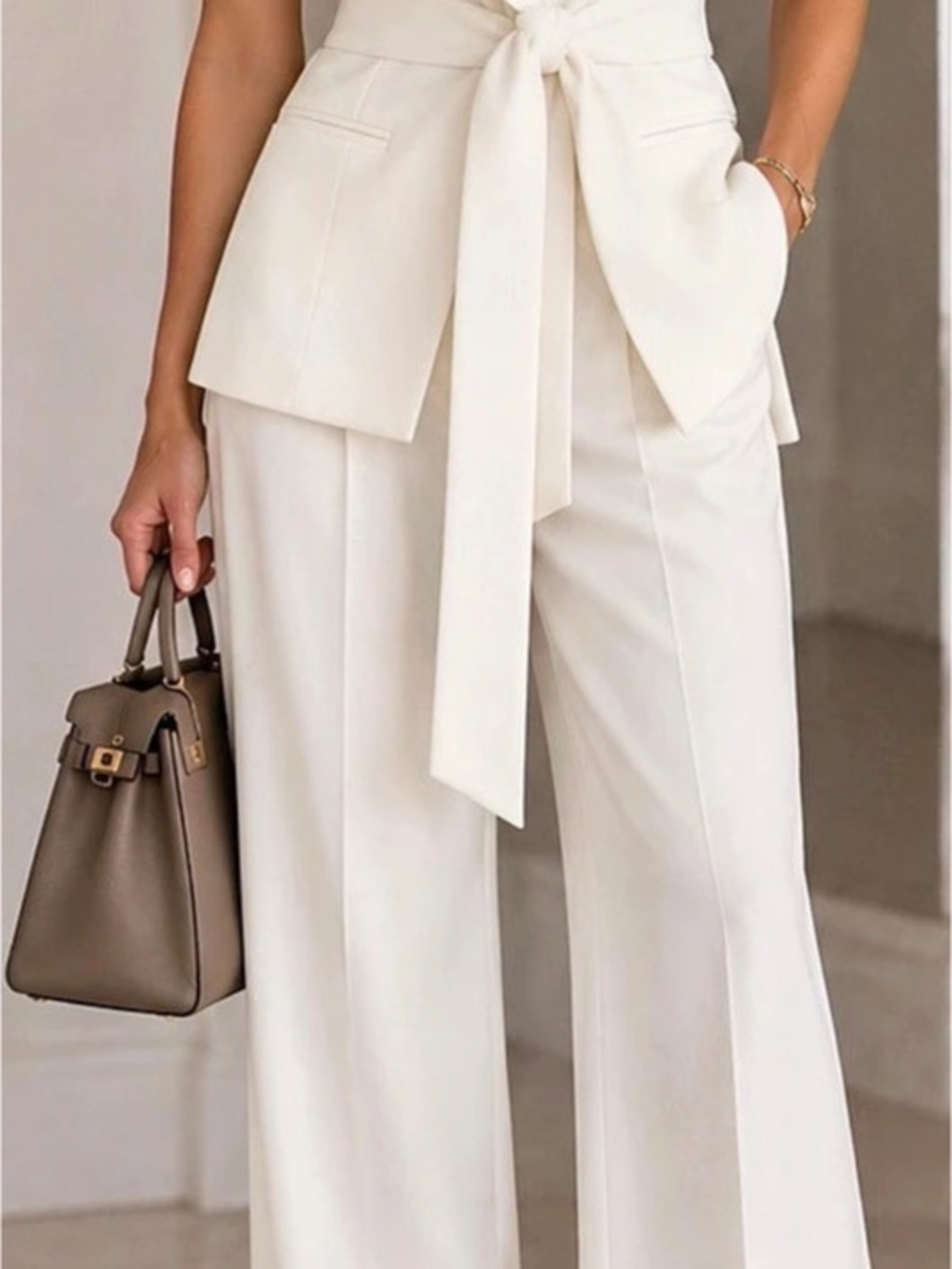 Zara White Wide Leg Pant and Belted Vest Set